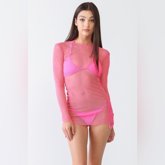 Neon Pink Triangle Top SelfTie Bottom Bikini Long Sleeve Mesh Coverup 3Piece Set - Picture 2 of 10